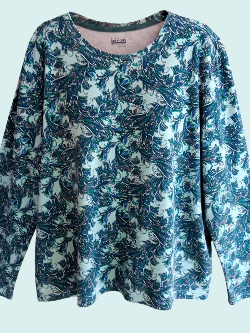Basic Editions Womens Knit Top Pullover Long sleeves Paisley Cotton Size XXL